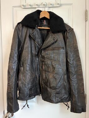 Andrew Marc Black Leather Bomber Jacket with Black Shearling Collar